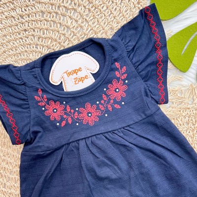Conj. Batinha com Flores Vermelhas e Short - Azul Marinho